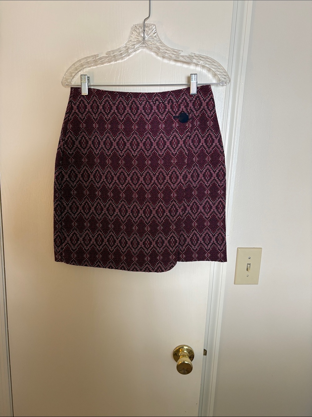 LOFT Burgundy Patterned Mini Skirt with Button Accent